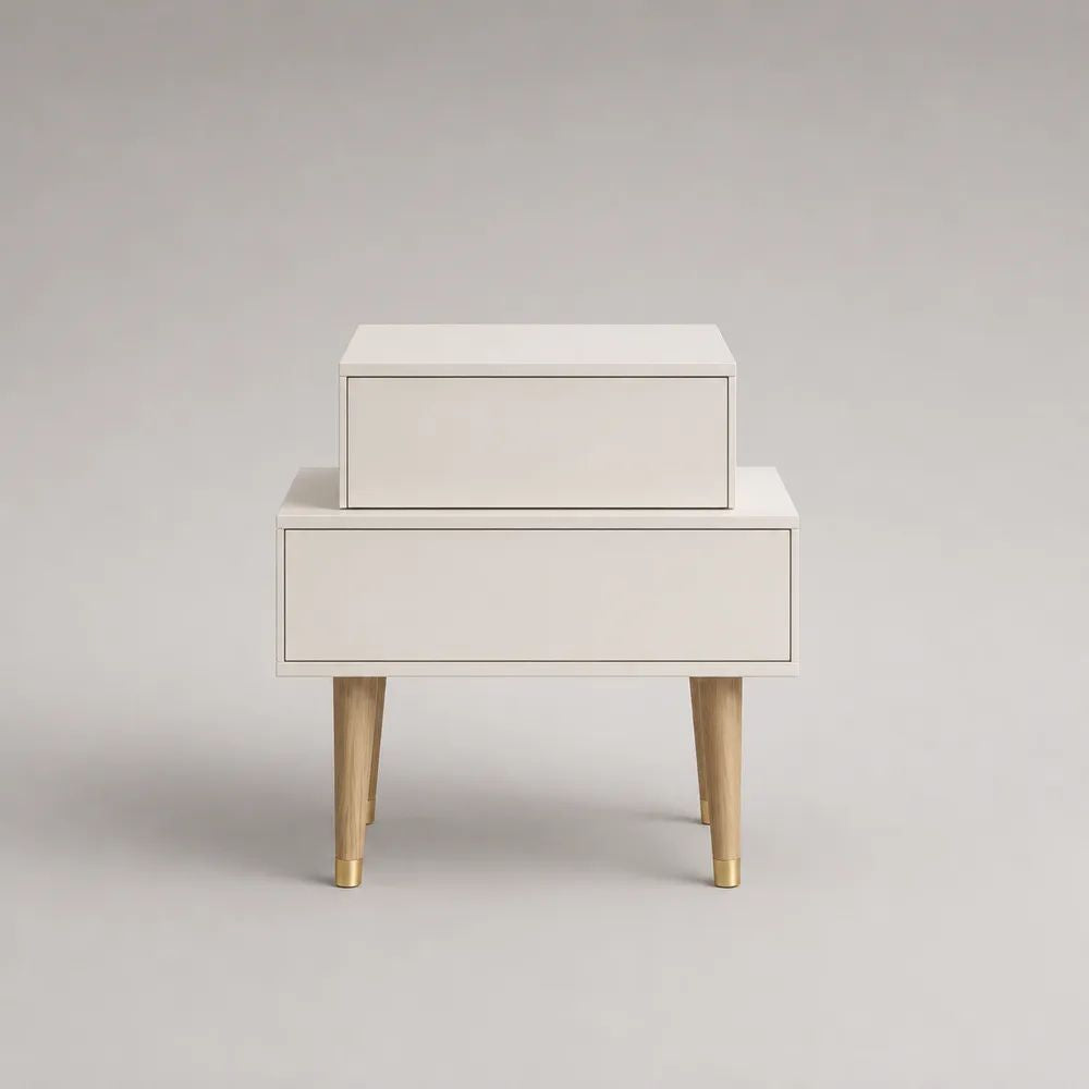 Nachttisch mit 2 Schubladen aus MDF und Massivholz, Weiß/Naturholz/Gold, 50 × 40 × 65 cm