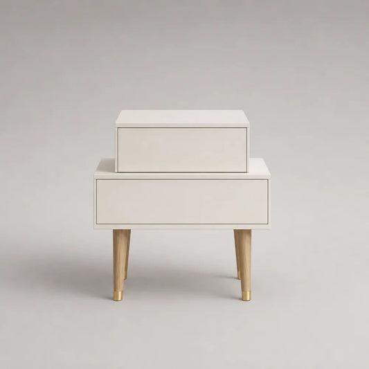 Nachttisch mit 2 Schubladen aus MDF und Massivholz, Weiß/Naturholz/Gold, 50 × 40 × 65 cm