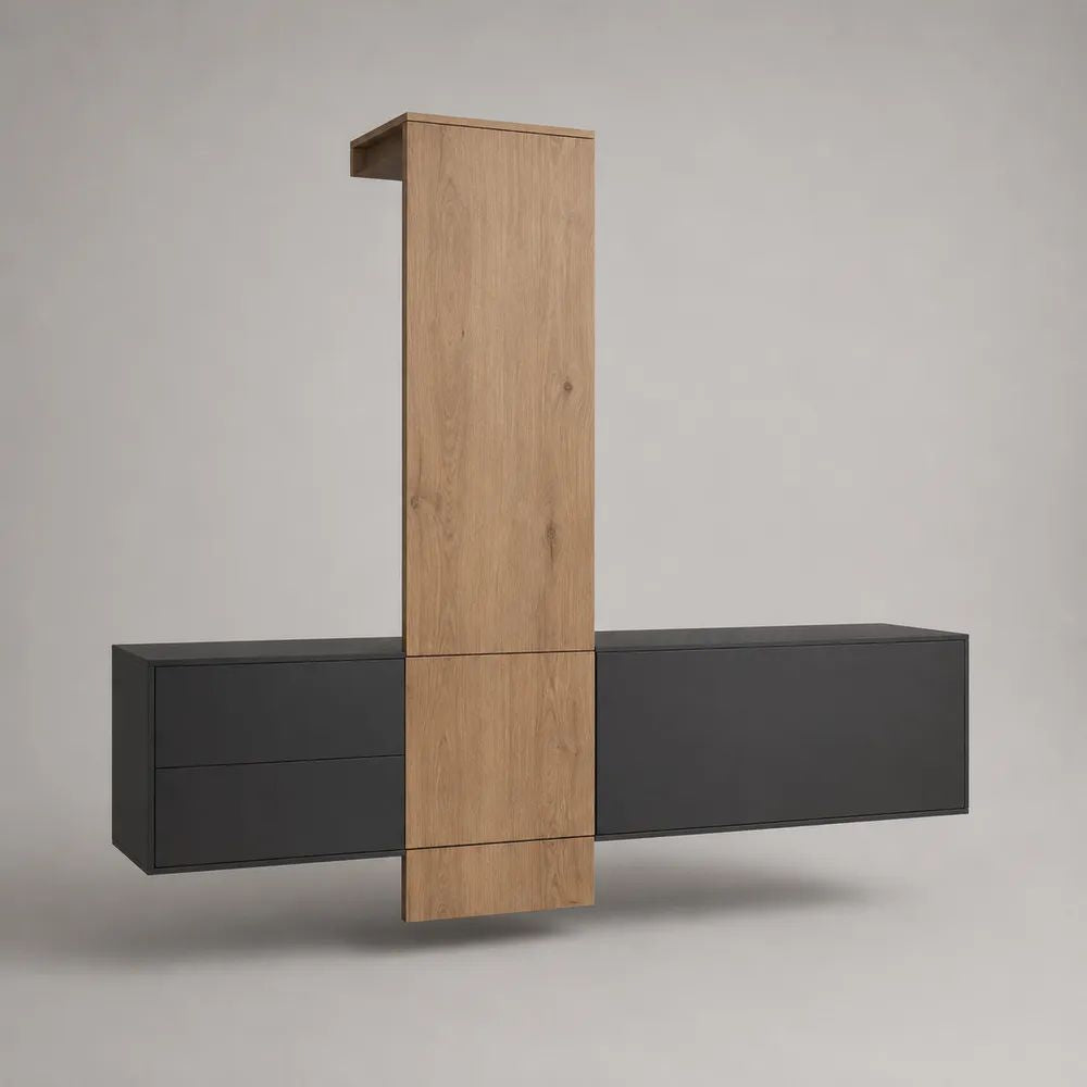 Wandhängender Flurschrank aus Spanplatte mit Schuhschrank, Garderobenpaneel und Ablage, Eiche natur/Anthrazit, 200 × 35 × 200 cm